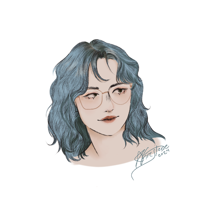 Illustration of girl with light blue wavy down to the shoulders and gold glasses